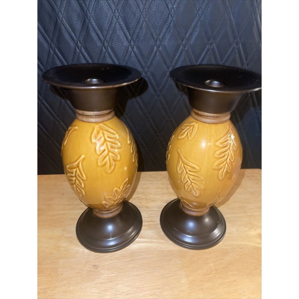 Retired Target Pair of Amber Leaf Embossed Ceramic Candle Holders Pillar Taper